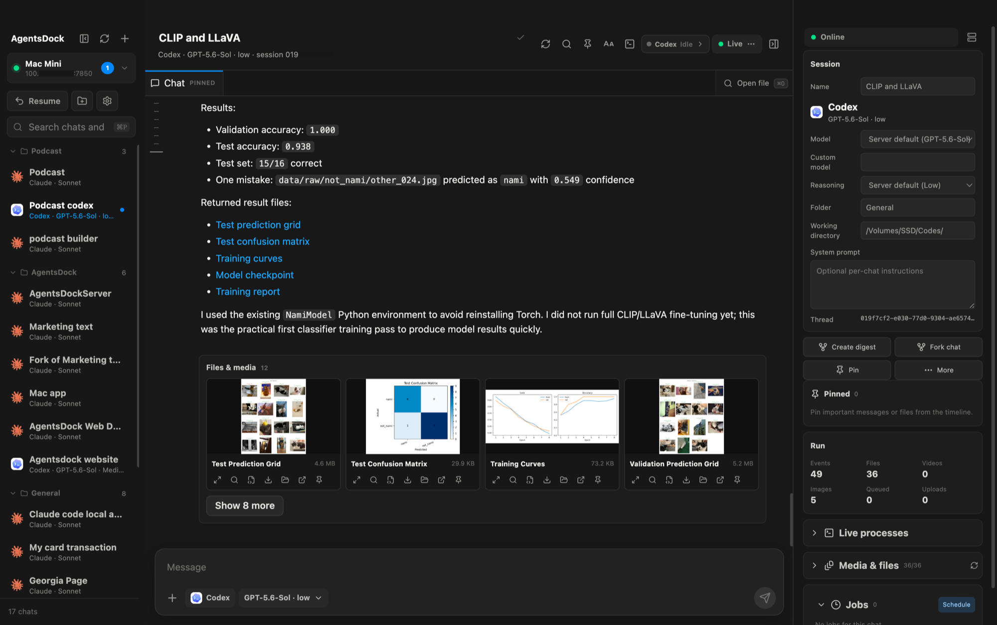 AgentsDock desktop app showing a Codex chat with model training results, a files and media grid of plots, and the session inspector panel