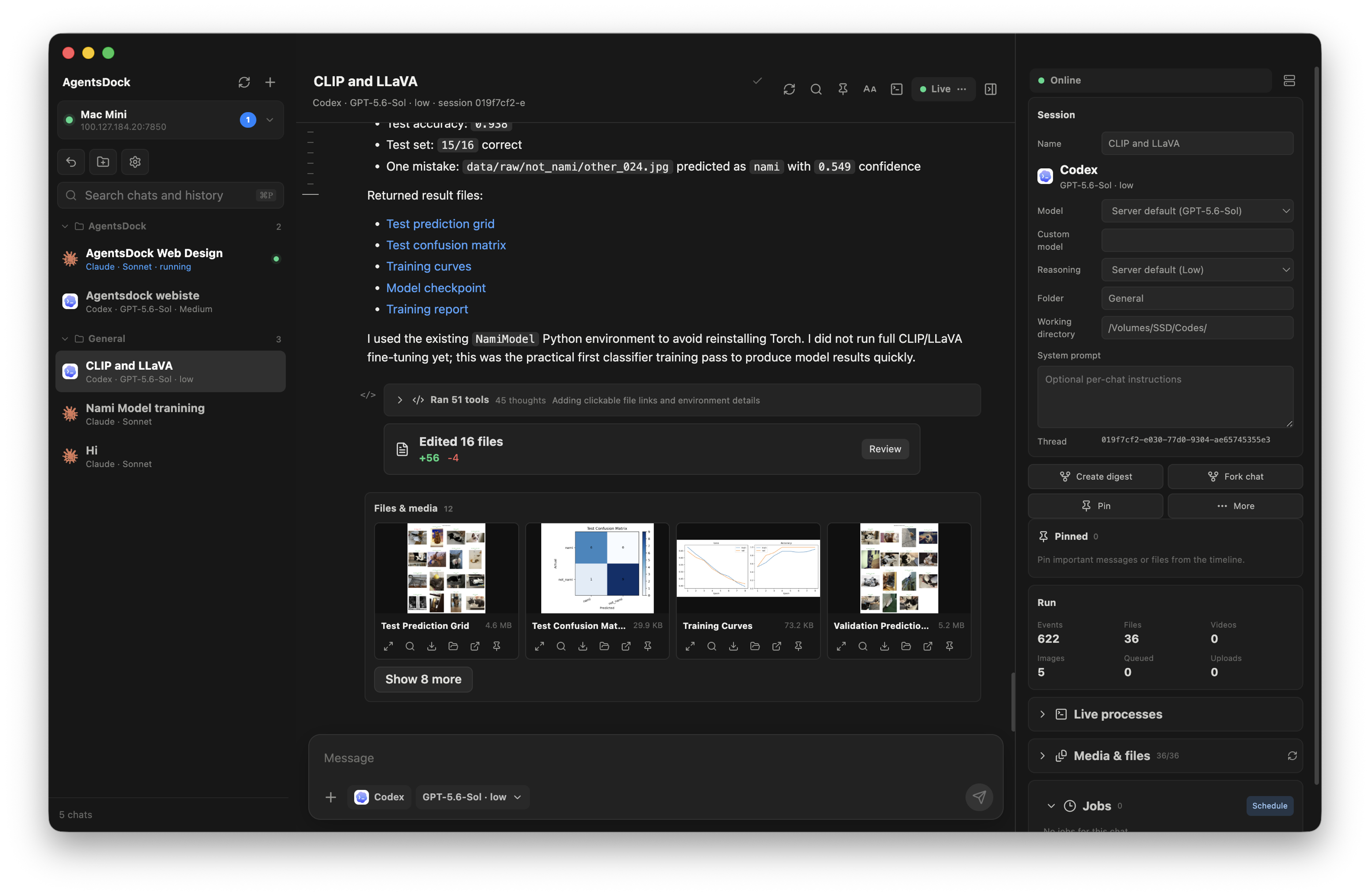 AgentsDock desktop app showing a Codex research chat with a reasoning trace, a files and media grid, and the session inspector panel