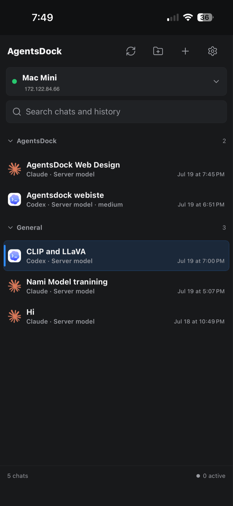 AgentsDock iPhone app showing the chat list with a connected Mac Mini server and recent Claude and Codex sessions