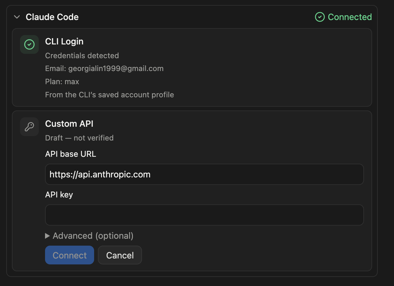 AgentsDock Custom API form showing API base URL, API key, advanced options, and Connect button