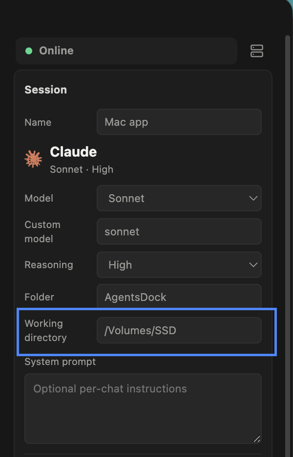 AgentsDock Session panel on the right, showing the chat's Working directory field