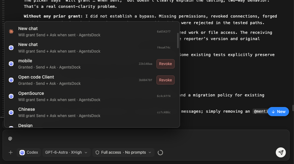 The @ picker listing chats — connected chats show 'Granted · Send + Ask' with a red Revoke button, while unconnected chats show 'Will grant Send + Ask when sent'