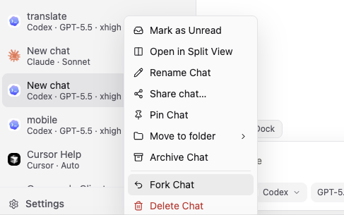 The chat context menu in the sidebar, with Fork Chat highlighted