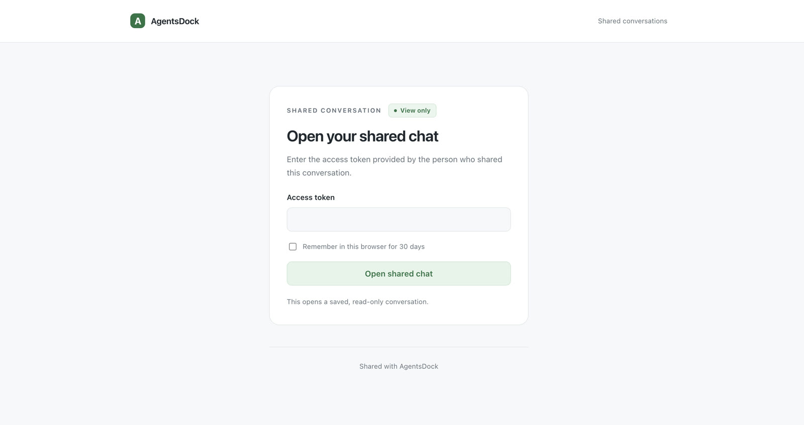 AgentsDock shared conversation page asking for an access token before opening the shared chat