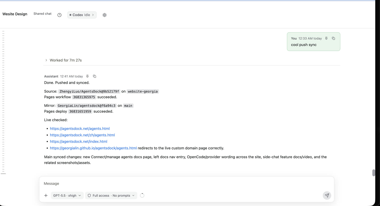 AgentsDock interactive shared chat page in a browser with the conversation and composer visible