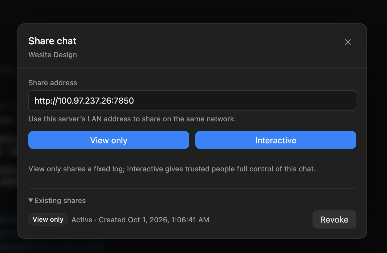 AgentsDock Share Chat dialog showing an existing view-only share with a Revoke button