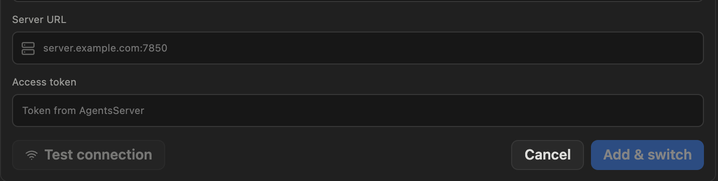AgentsDock Add server form with a Server URL field, an Access token field, and a Test connection button