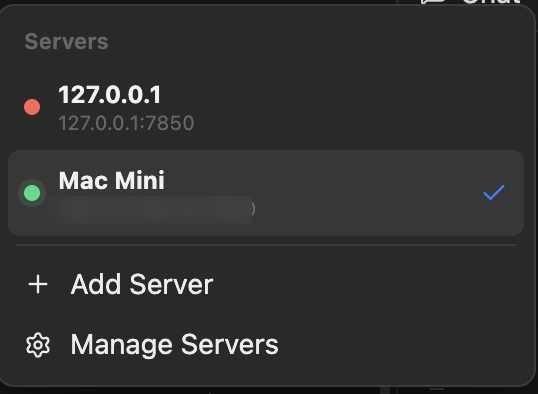 AgentsDock server switcher — one server offline with a red dot, and the selected Mac Mini server online with a green dot