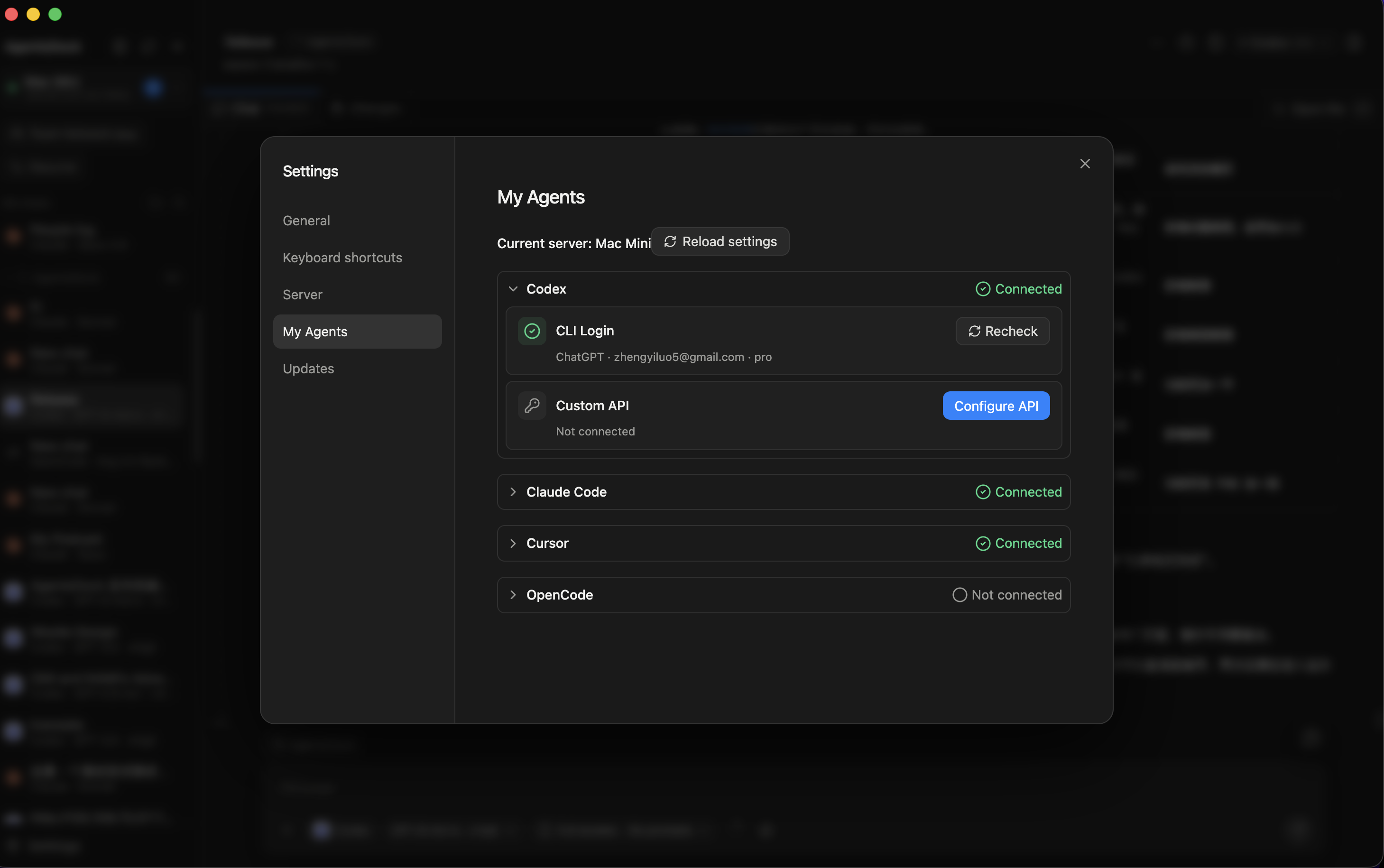 AgentsDock Settings showing My Agents with Codex, Claude Code, Cursor, and OpenCode provider connection status