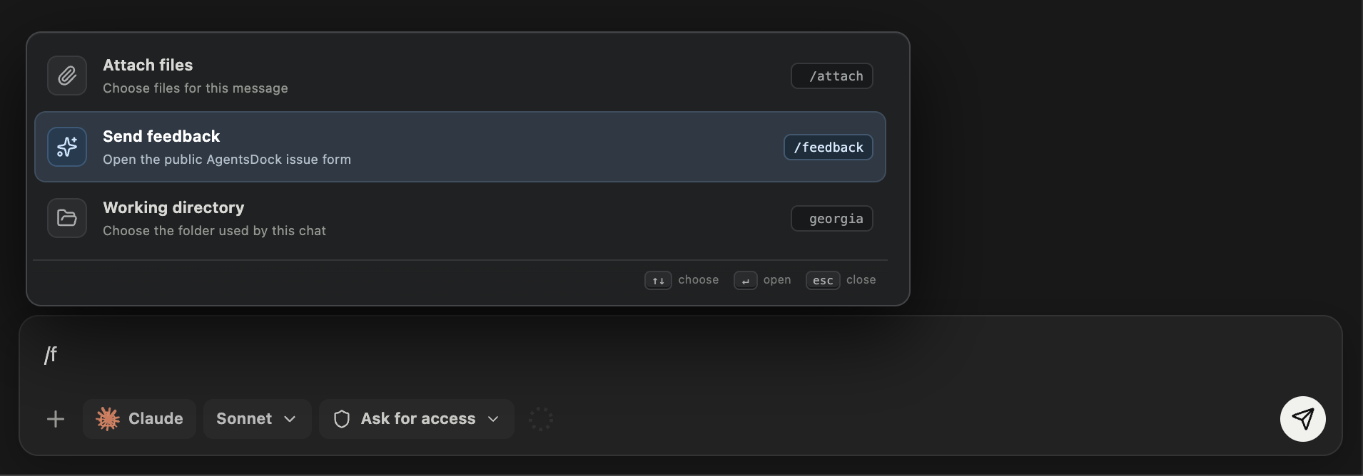 AgentsDock slash-command menu with 'Send feedback — Open the public AgentsDock issue form' highlighted, mapped to the /feedback command