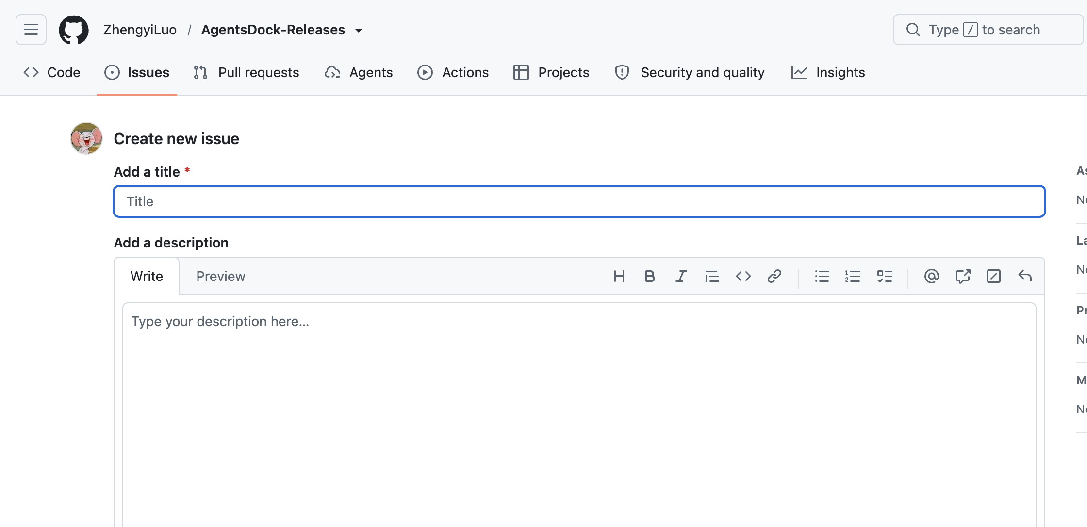 GitHub 'Create new issue' page on the ZhengyiLuo/AgentsDock-Releases repository, showing the title field and description editor