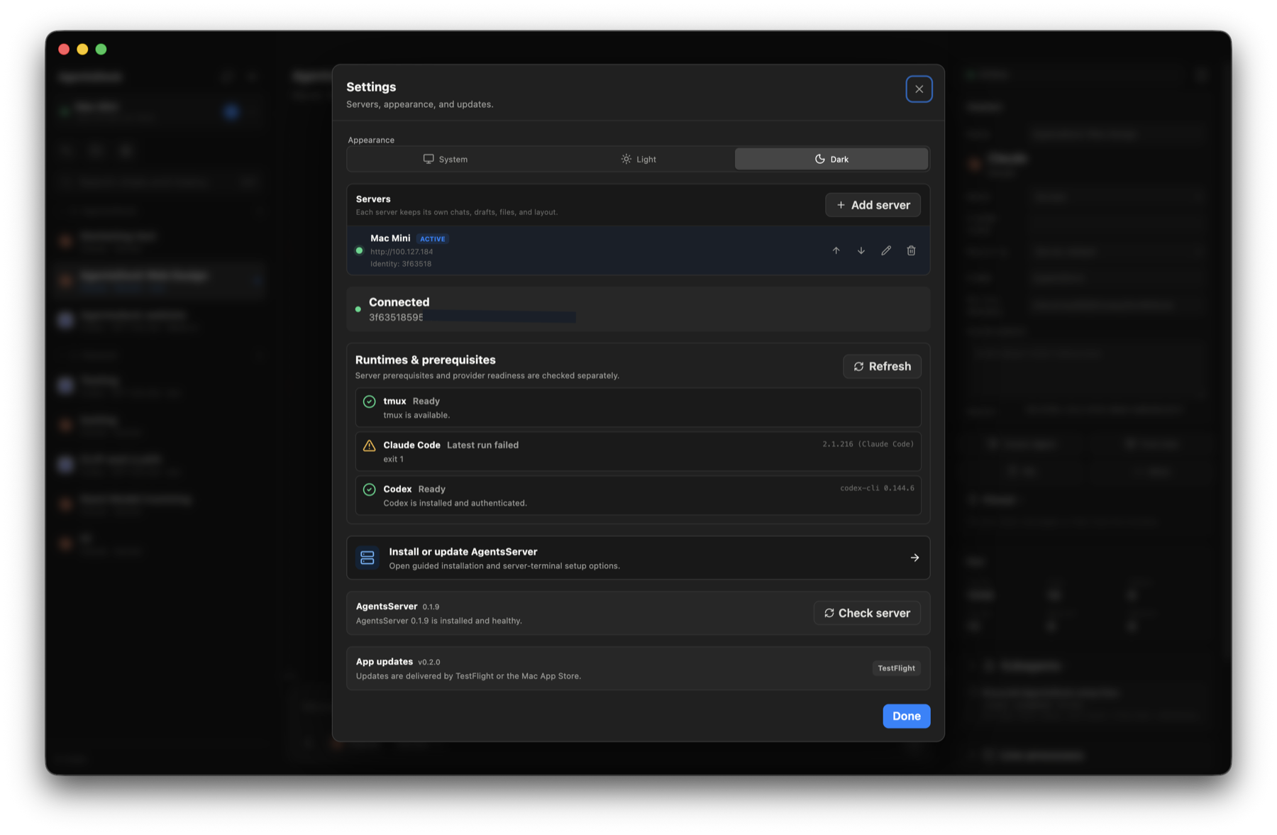 AgentsDock Settings on macOS showing a connected Mac Mini server and a Runtimes & prerequisites panel with tmux, Claude Code, and Codex status