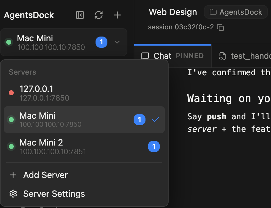 The server menu at the top of the AgentsDock sidebar listing three servers, with Add Server and Server Settings below